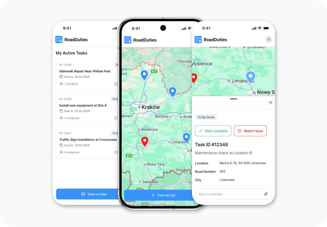 Interfejs zarządzania zadaniami Road Duties